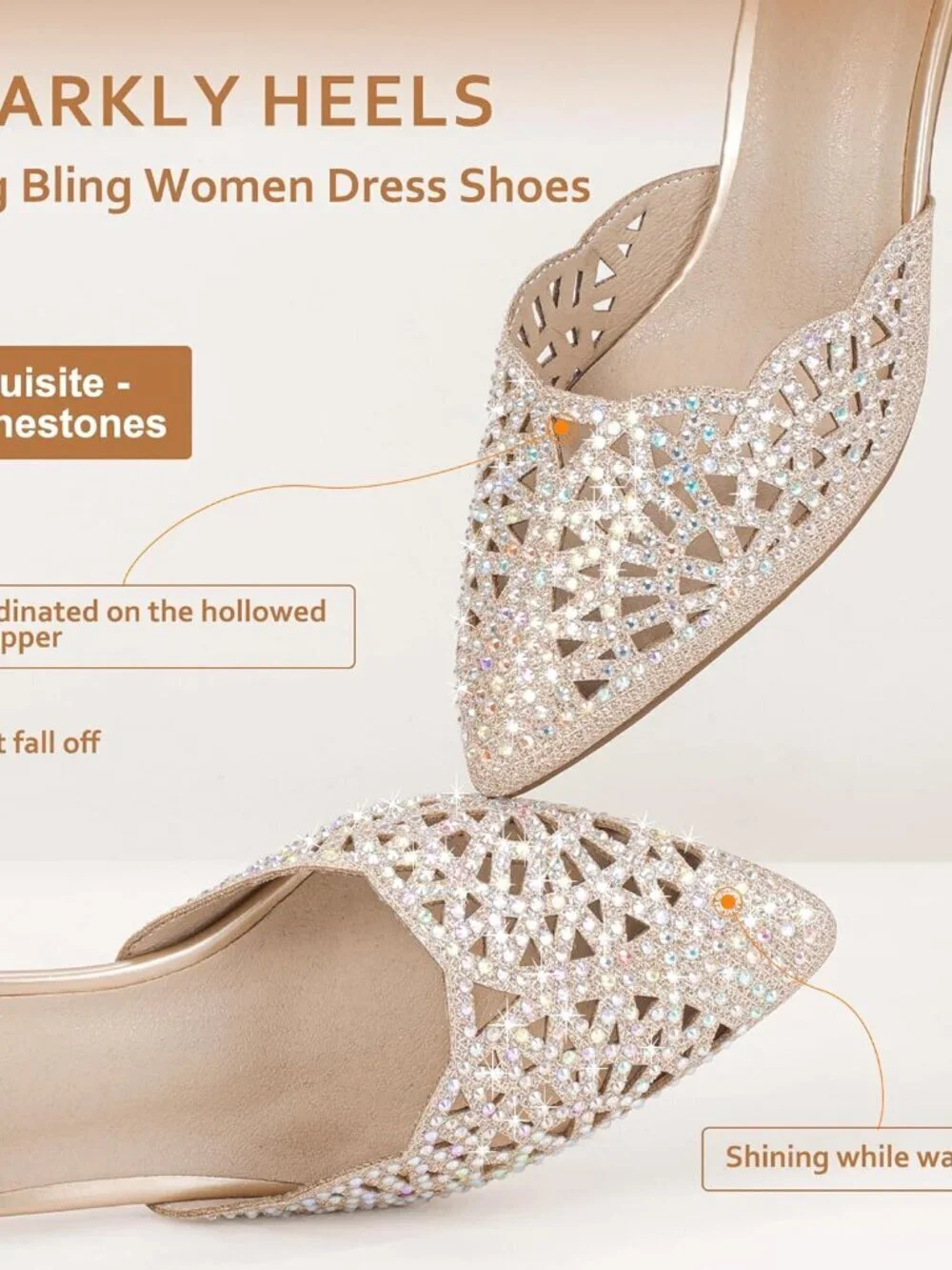 Women's Gold Rhinestones Low Kitten Heels Pumps Evening Dress Shoes